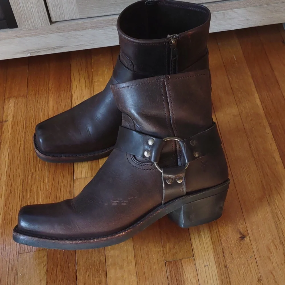 Frye Dark Brown Leather Harness Ankle Booties